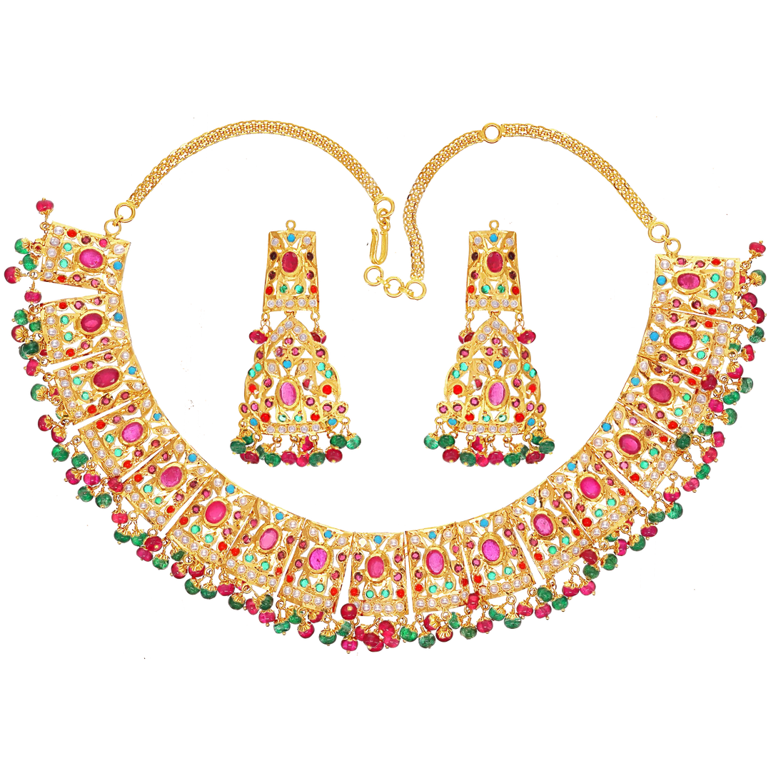 Sophisticated Necklace Set With Navratan & Pearl in 22K Gold