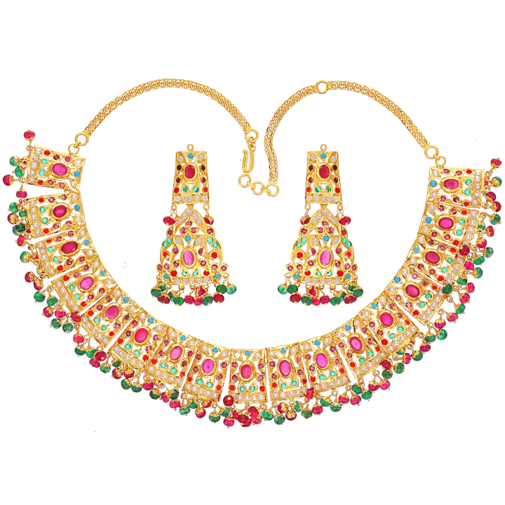 Sophisticated Necklace Set With Navratan & Pearl in 22K Gold