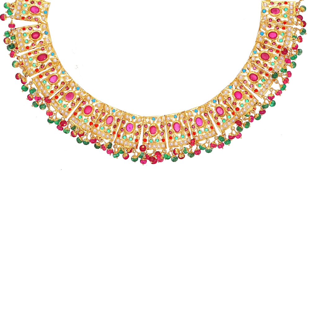 Sophisticated Necklace Set With Navratan & Pearl in 22K Gold