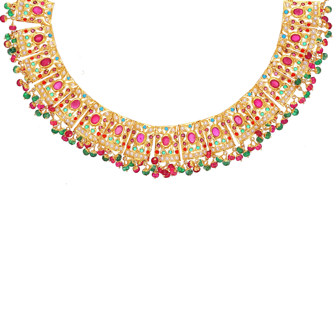 Sophisticated Necklace Set With Navratan & Pearl in 22K Gold