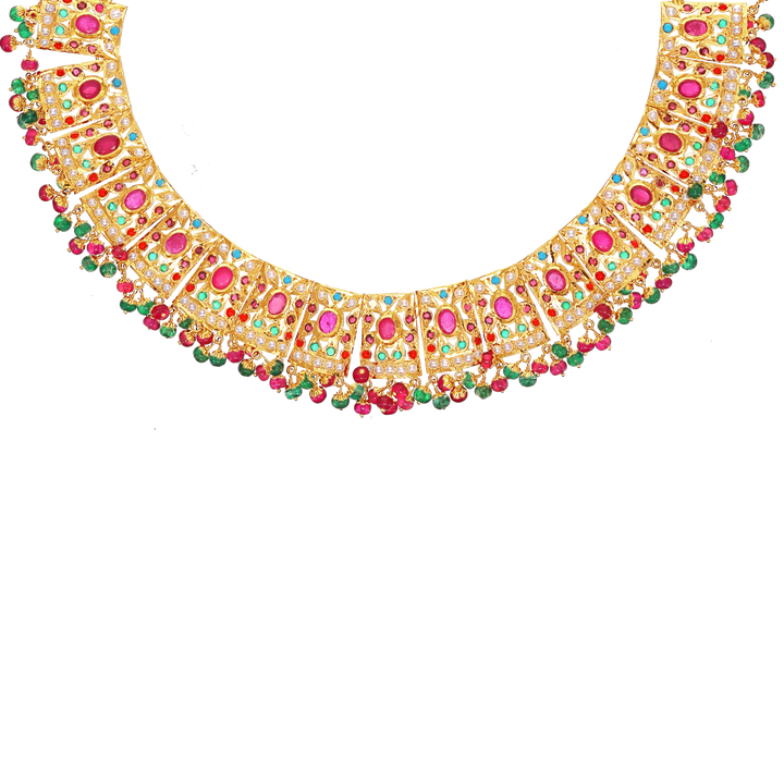 Sophisticated Necklace Set With Navratan & Pearl in 22K Gold
