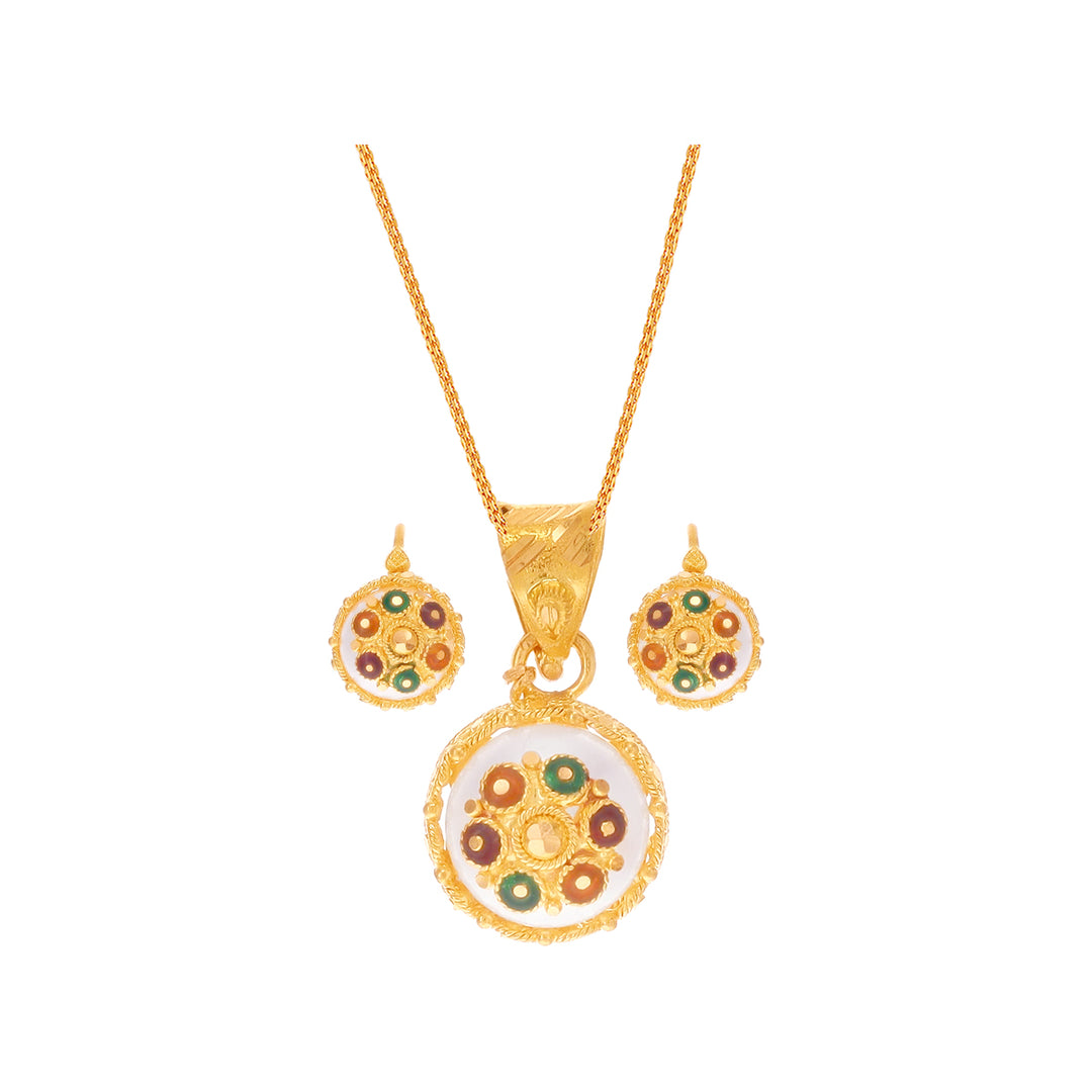 Alluring Minakari Pendant Set With Pearl in 22K Gold