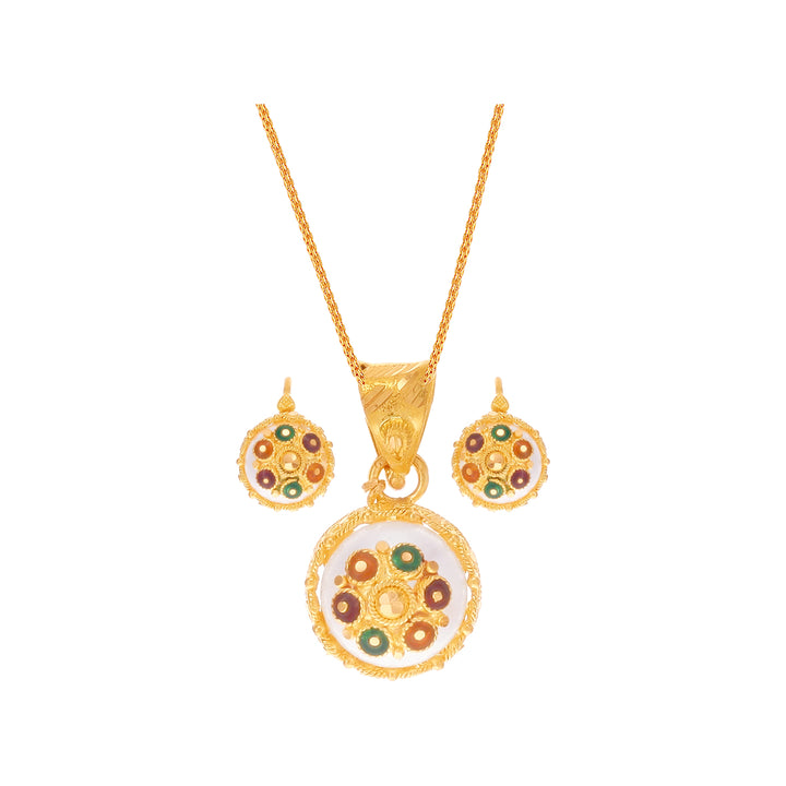 Alluring Minakari Pendant Set With Pearl in 22K Gold