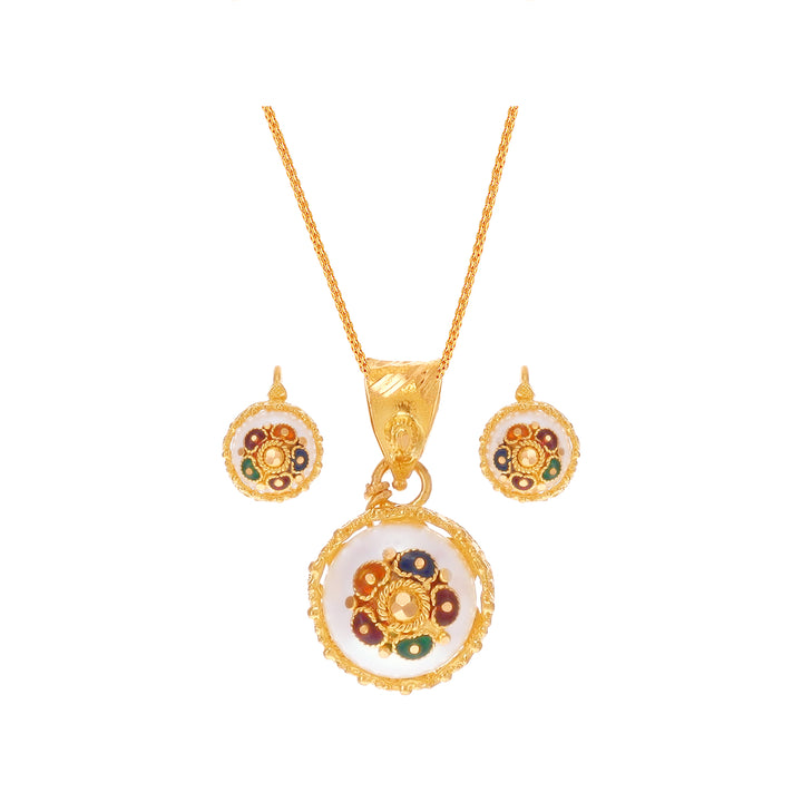 Intriguing Minakari Pendant Set With Pearl in 22K Gold