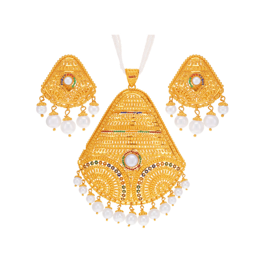 Gorgeous Minakari Pendant Set With Pearl in 22K Gold
