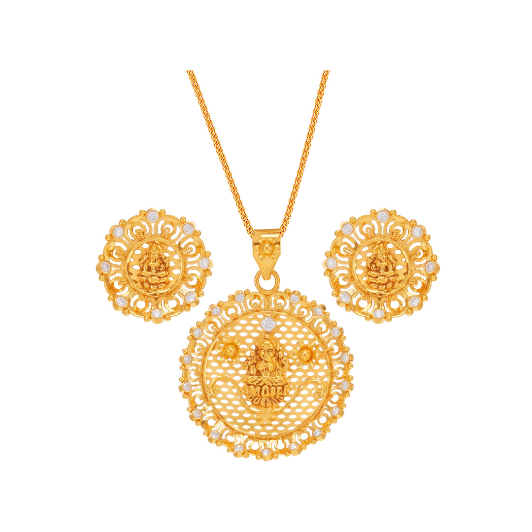 Precious Laxmi Pendant Set With Gemstones in 22K Gold