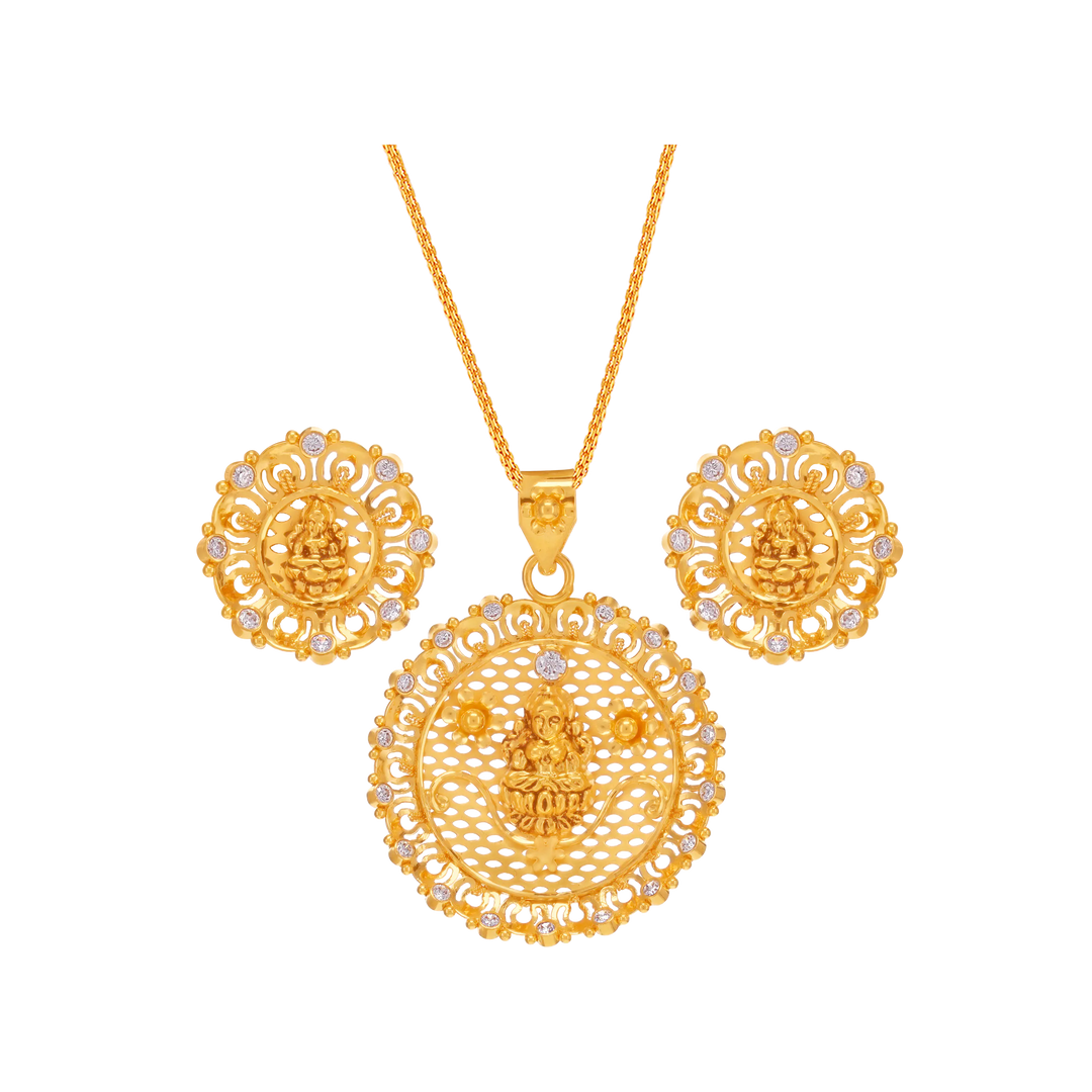 Precious Laxmi Pendant Set With Gemstones in 22K Gold
