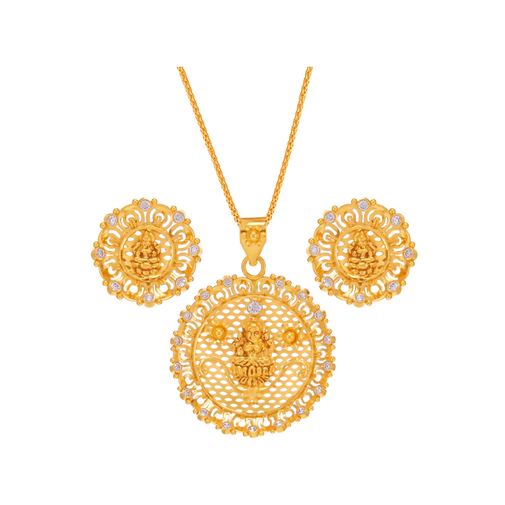 Precious Laxmi Pendant Set With Gemstones in 22K Gold