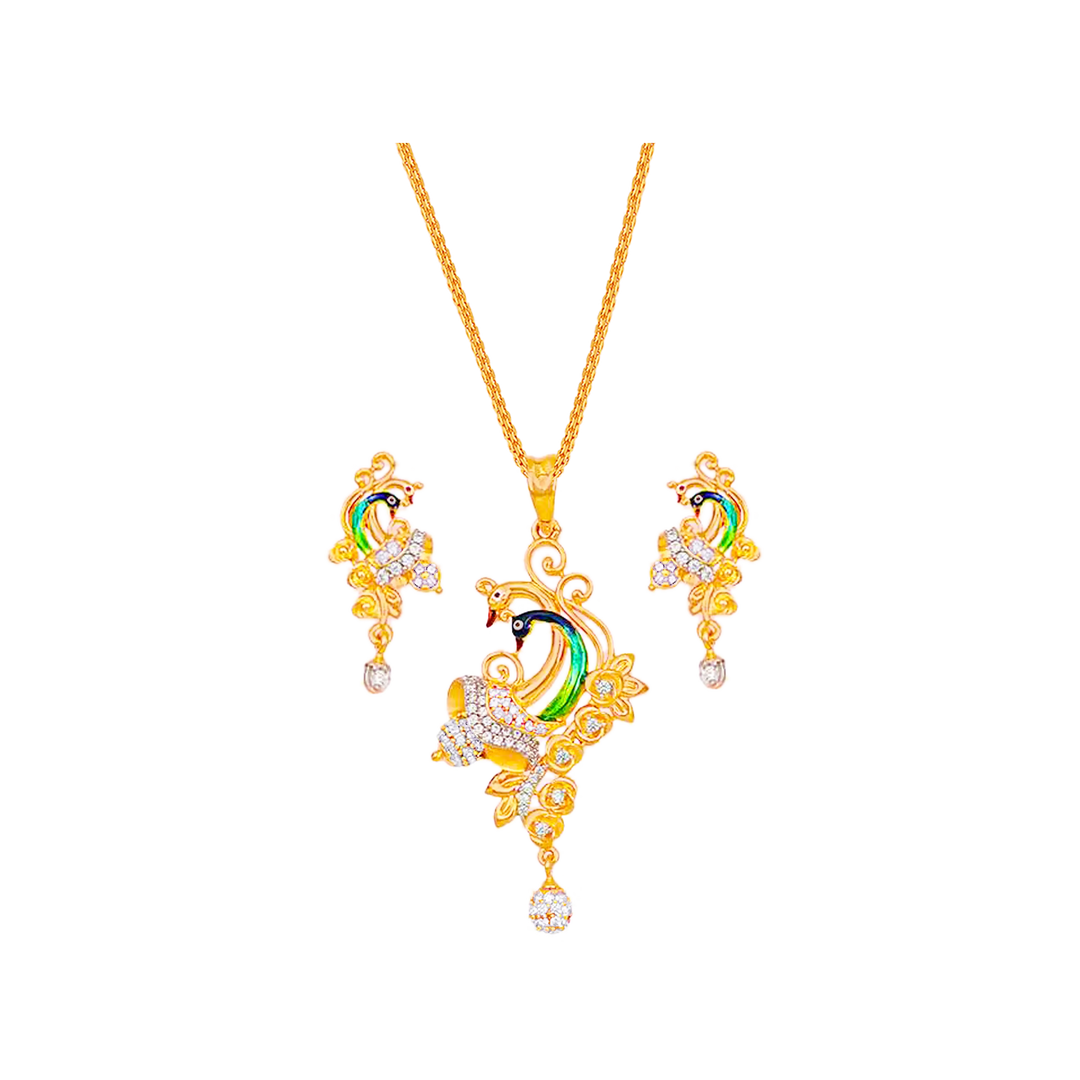 Lovely Minakari Peacock Pendant Set Wiith Gemstones in 22K Gold
