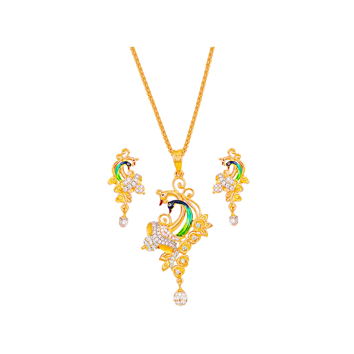 Lovely Minakari Peacock Pendant Set Wiith Gemstones in 22K Gold