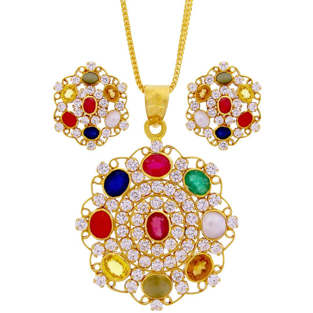 Intriguing Pendant Set With Navratan in 22K Gold