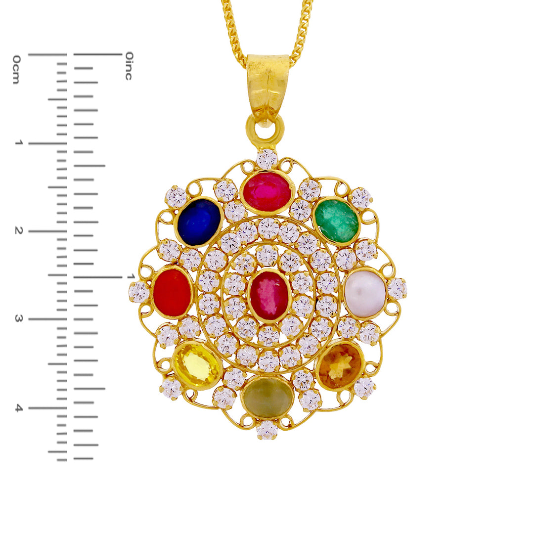 Intriguing Pendant Set With Navratan in 22K Gold