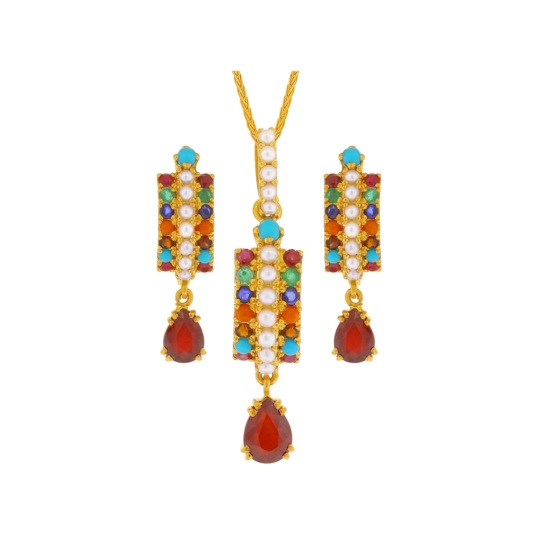 Magnificent Navratan Pendant Set in 22K Gold