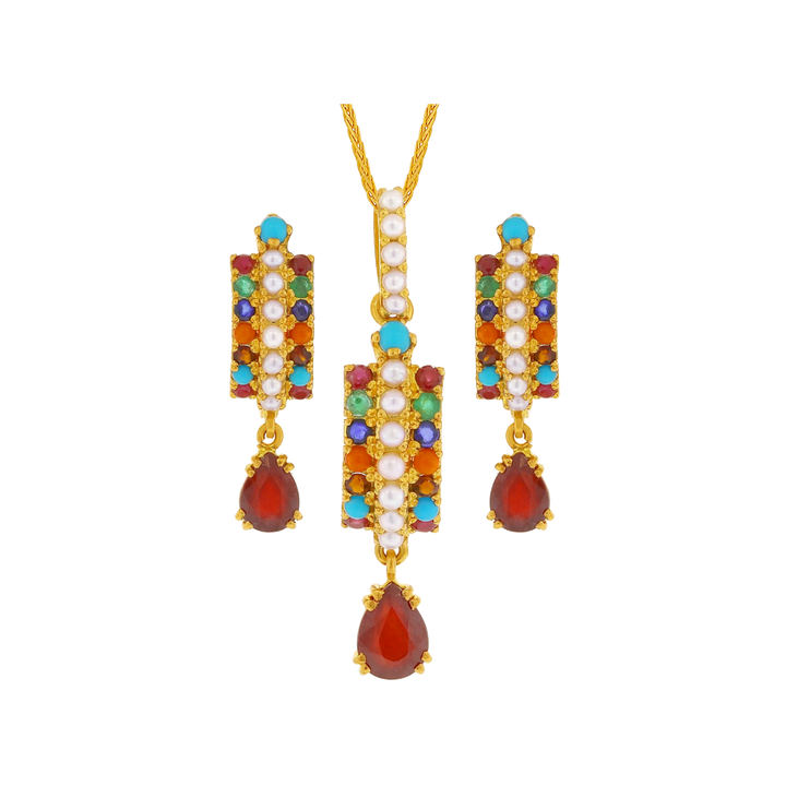 Magnificent Navratan Pendant Set in 22K Gold
