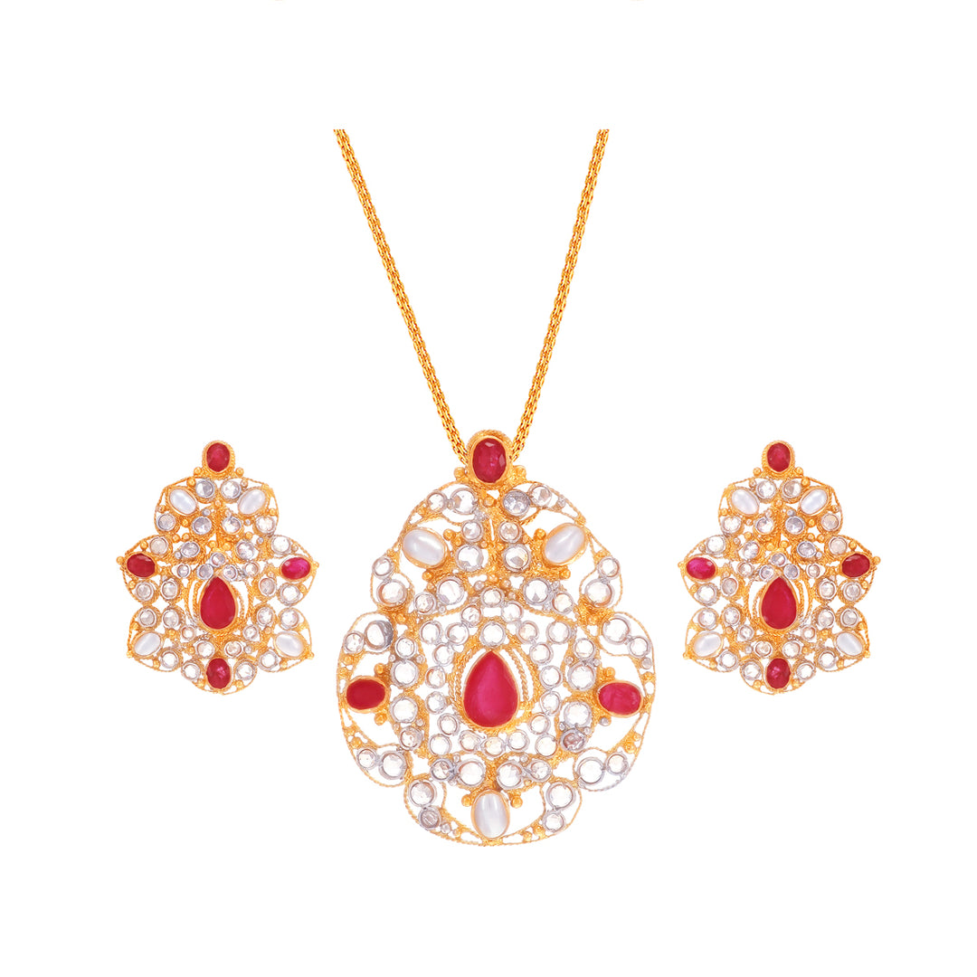 Alluring Antique Pendant Set With Ruby & Gemstones in 22K Gold