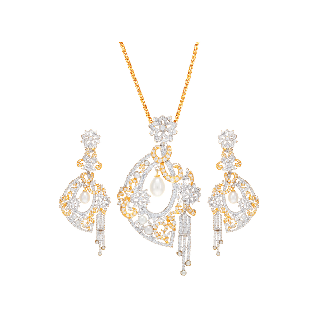 Attractive Two tone Pendant Set With Pearl & CZ in 21K White Gold