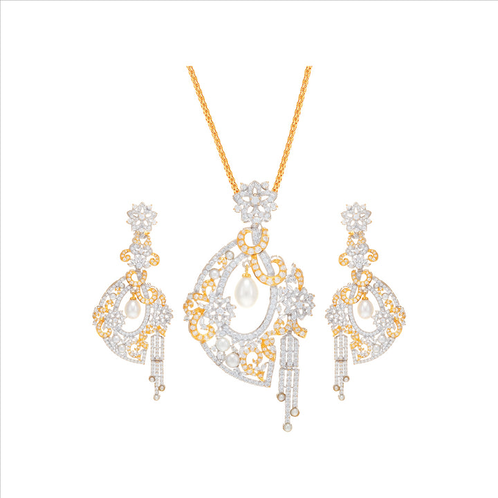 Attractive Two tone Pendant Set With Pearl & CZ in 21K White Gold