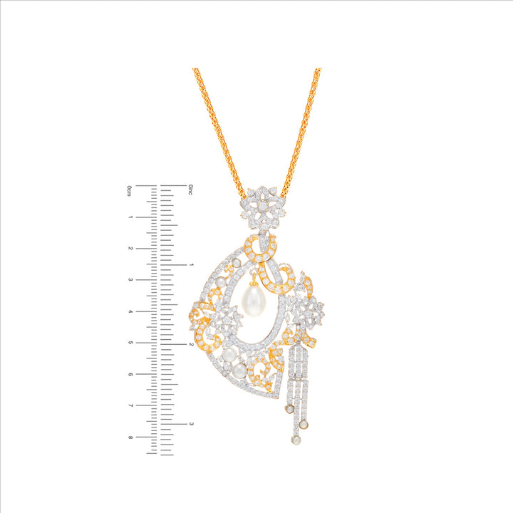 Attractive Two tone Pendant Set With Pearl & CZ in 21K White Gold