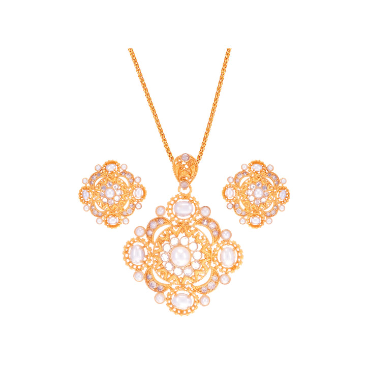 Mesmerizing Antique Pendant Set With Pearl & Polki in 22K Gold