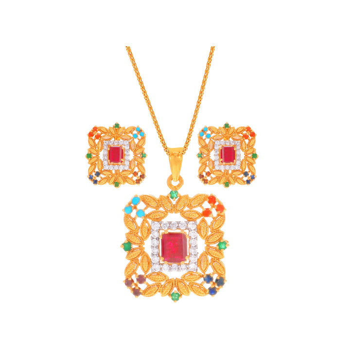 Enchanting Antique Pendant Set With Navratan & Gemstones in 22K Gold