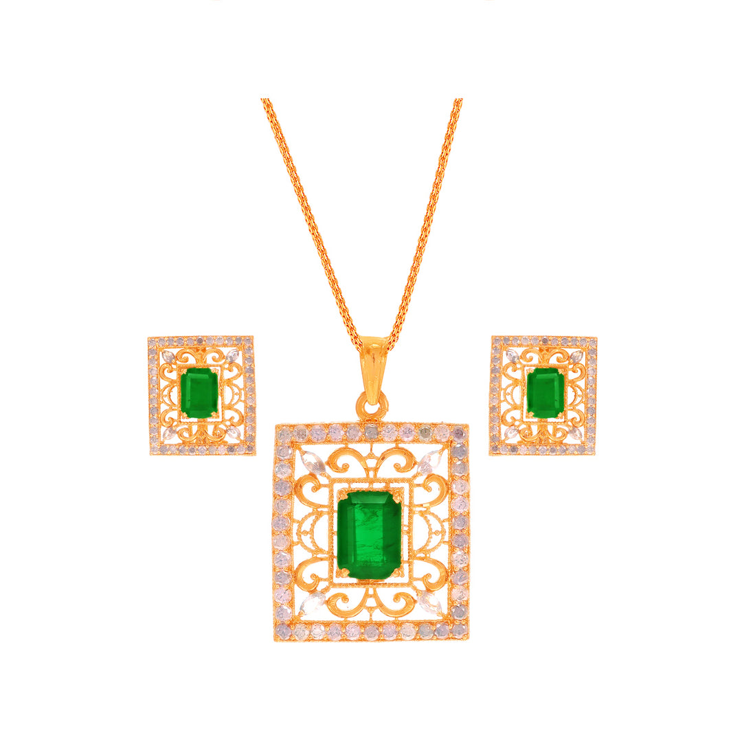Intricate Antique Pendant Set With Emerald & CZ in 22K Gold