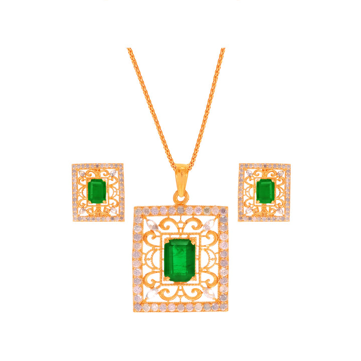 Intricate Antique Pendant Set With Emerald & CZ in 22K Gold