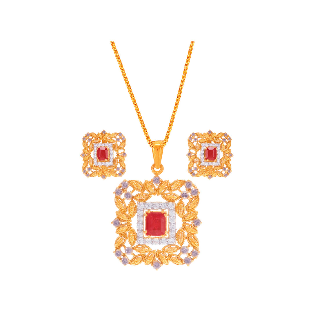 Brilliant Antique Pendant Set With Ruby & CZ in 22K Gold
