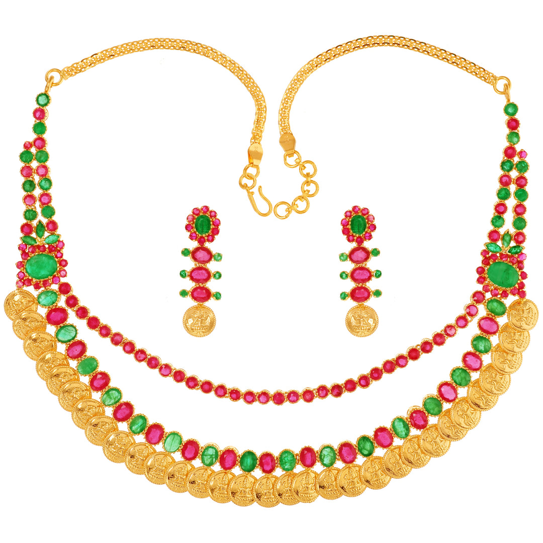 Captivating Laxmi Coin Necklace Set With Ruby & Emerald in 22K Gold
