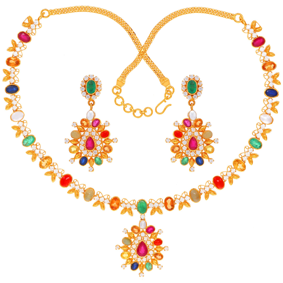 Enchanting Antique Necklace Set With Navratan & Gemstones in 22K Gold