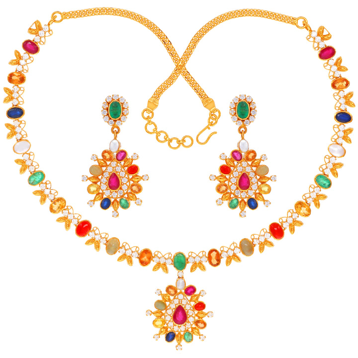 Enchanting Antique Necklace Set With Navratan & Gemstones in 22K Gold