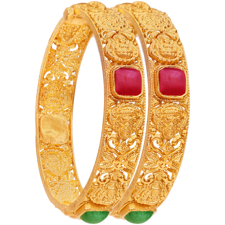 Gorgeous Antique Laxmi 2pcs Bangle With Ruby & Emerald in 22K Gold