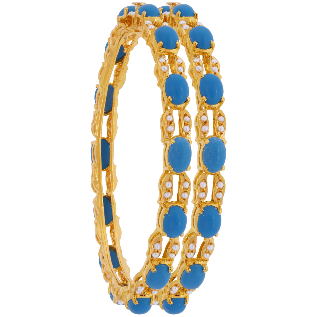 2.5 Size Set of 2pcs Openable Bangles with Turquoise & Pearl in 22K Gold