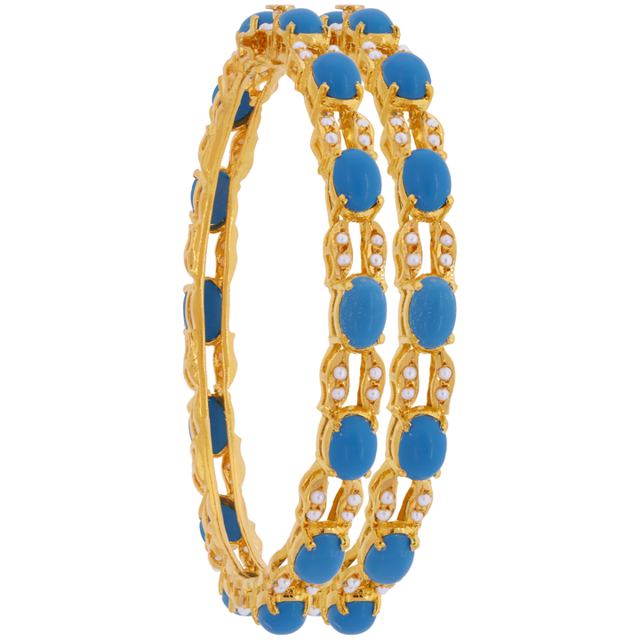 2.5 Size Set of 2pcs Openable Bangles with Turquoise & Pearl in 22K Gold