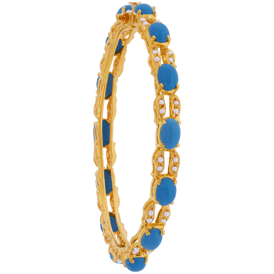 2.5 Size Set of 2pcs Openable Bangles with Turquoise & Pearl in 22K Gold