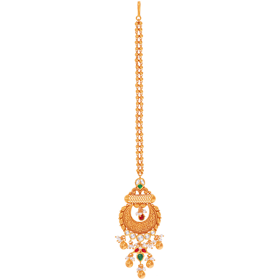 Intricate Antique Maang Tikka With Kundan & Gemstones in 22K Gold