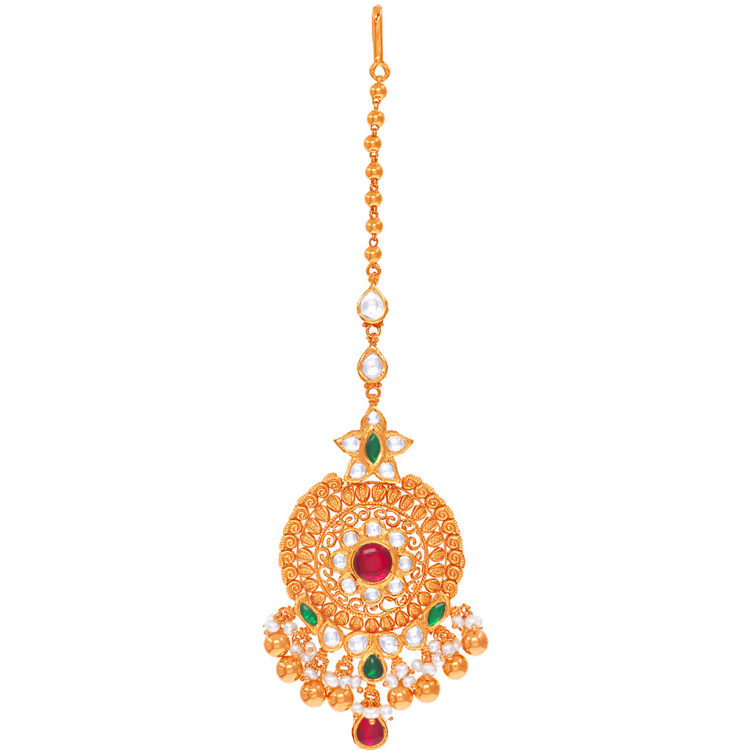 Precious Antique Maang Tikka With Kundan & Gemstones in 22K Gold