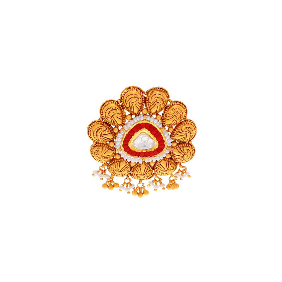 Ornamental Antique Adjustable Ring With Kundan Pearl & Ruby in 22K Gold
