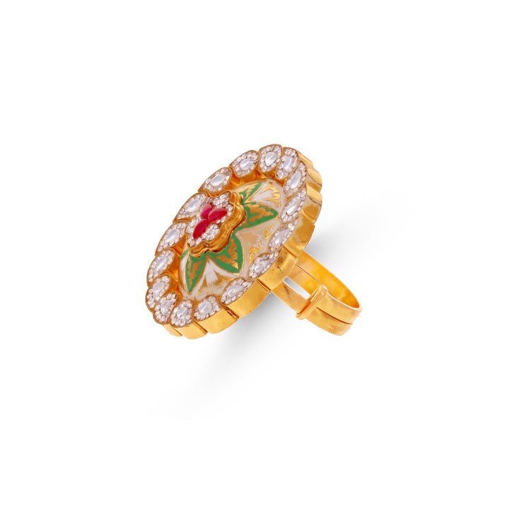 Magnificent Antique Minakari Adjustable Ring With Kundan CZ & Ruby in 22K Gold