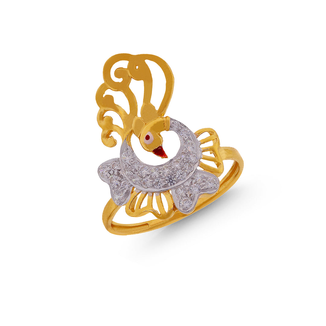 Brilliant Peacock Minakari Ring With CZ in 22K Gold