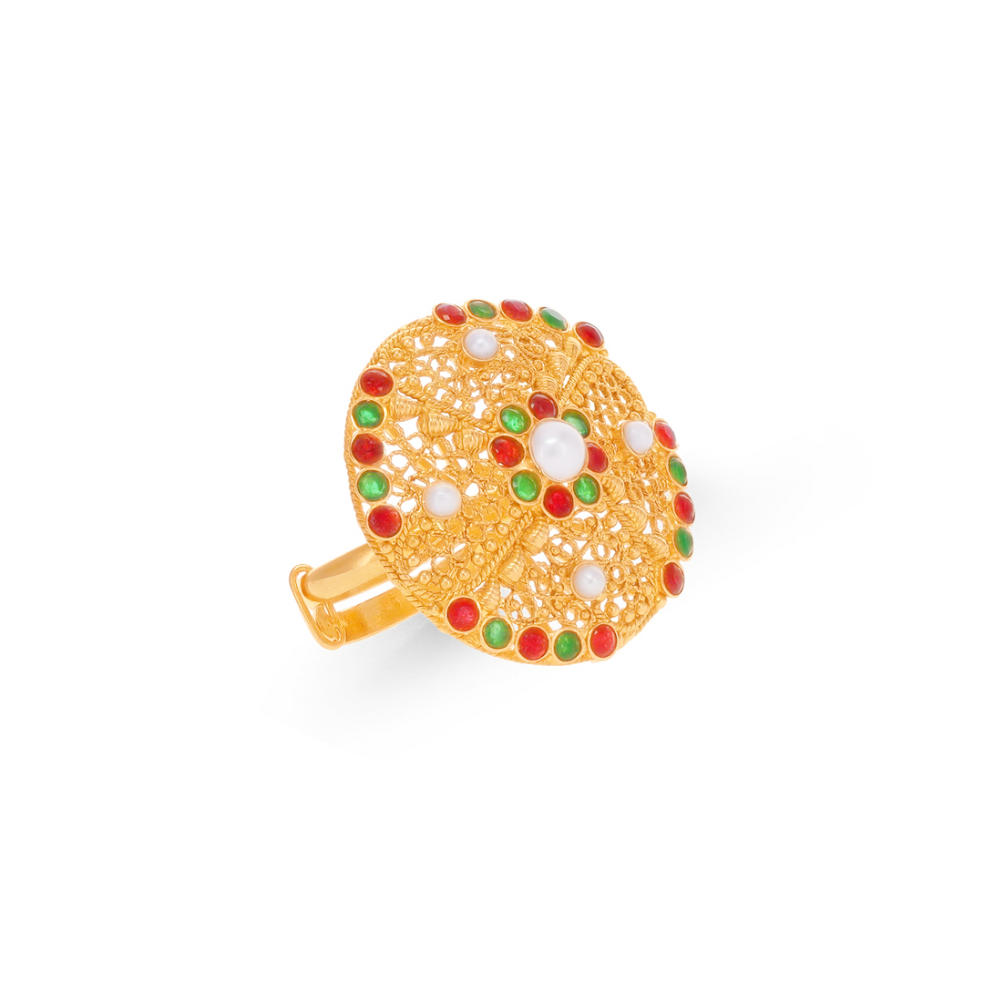 Ornamental Antique Ring With Ruby Emerald & Pearl in 22K Gold