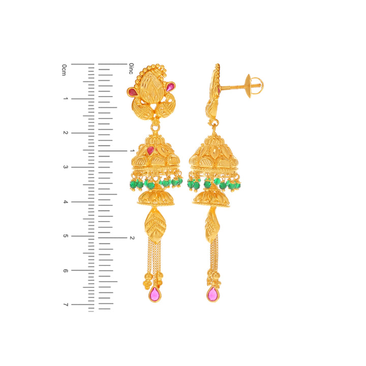 Fascinating Long Earrings With Ruby Emerald in 22K Gold