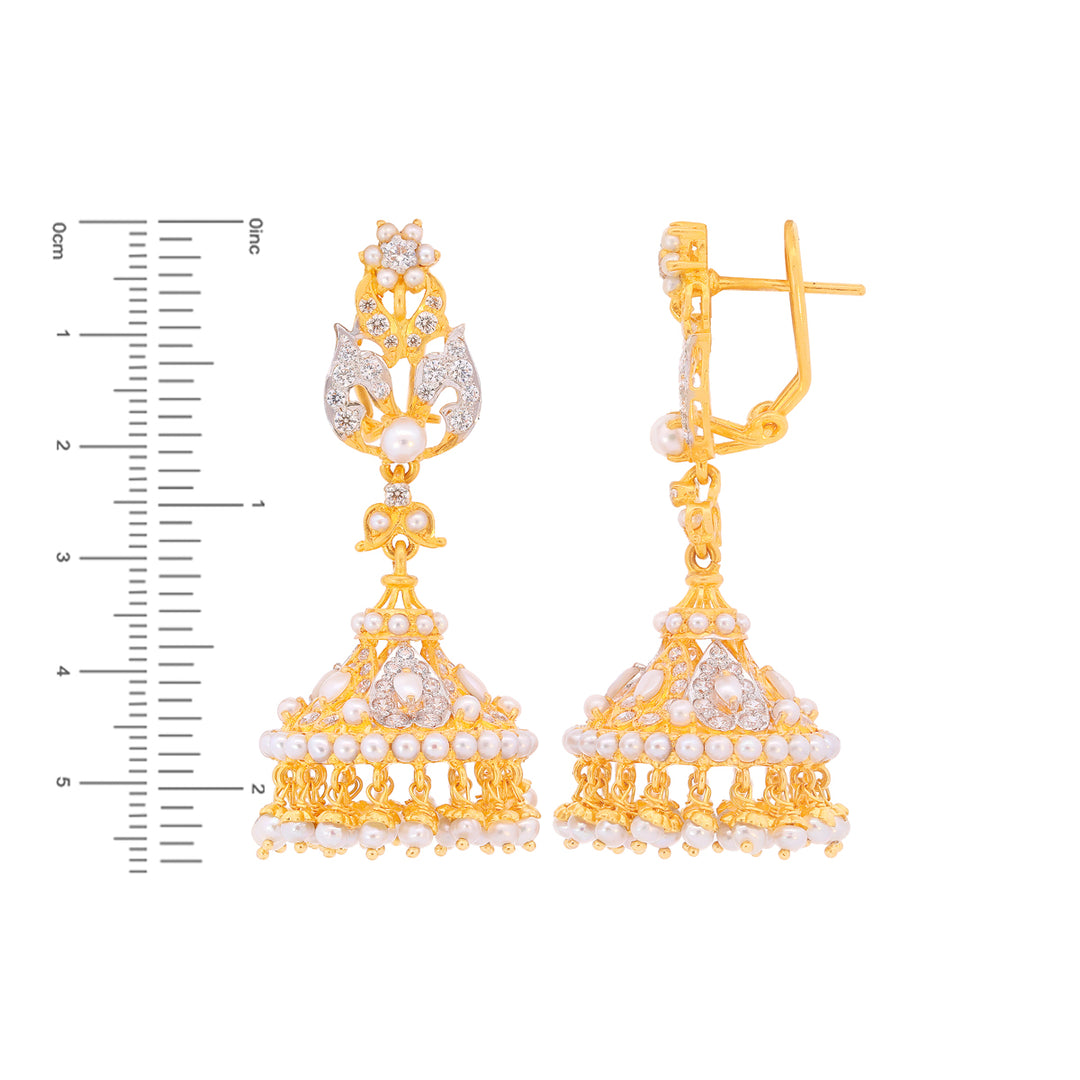 Mesmerizing Jhumkha With CZ & Pearl in 22K Gold