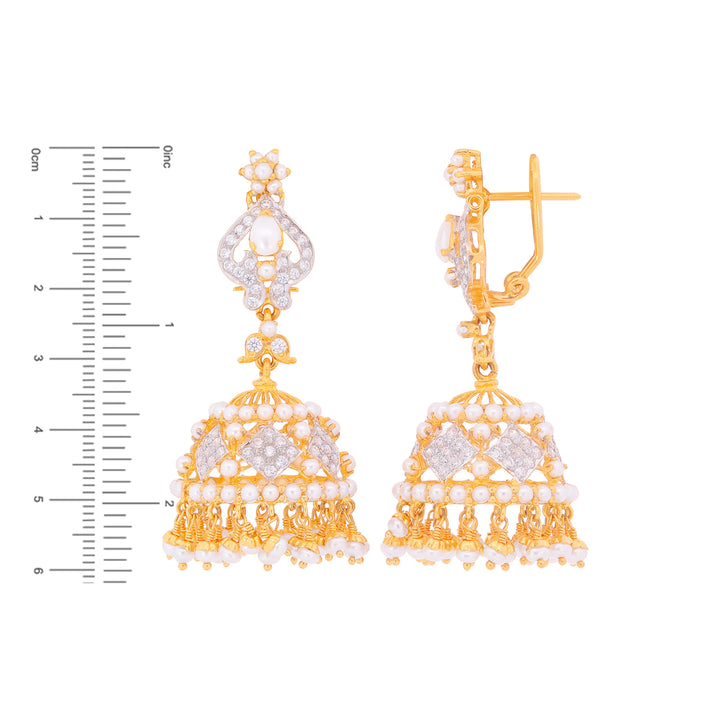 Alluring Jhumkha With CZ & Pearl in 22K Gold