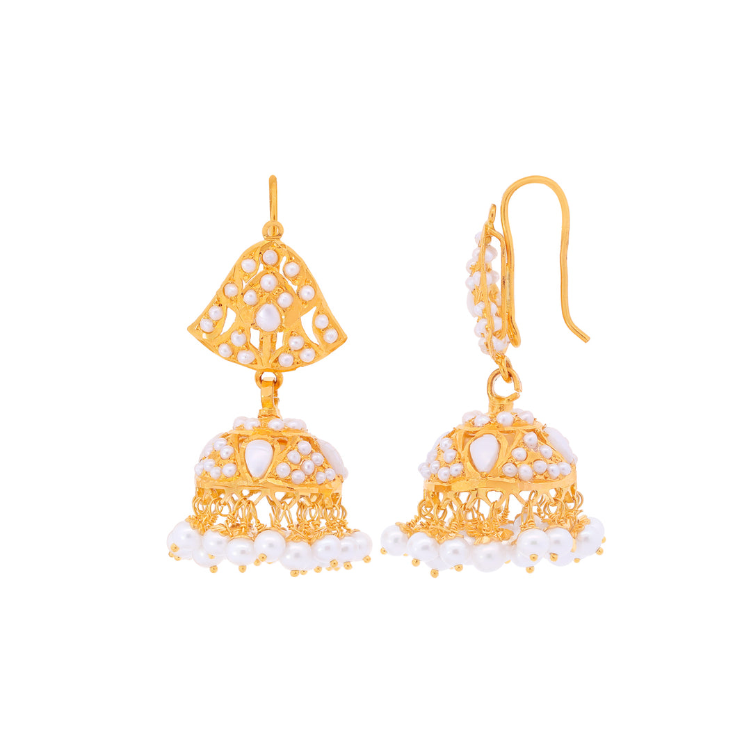 Intricate Jhumkha With Pearl in 22K Gold
