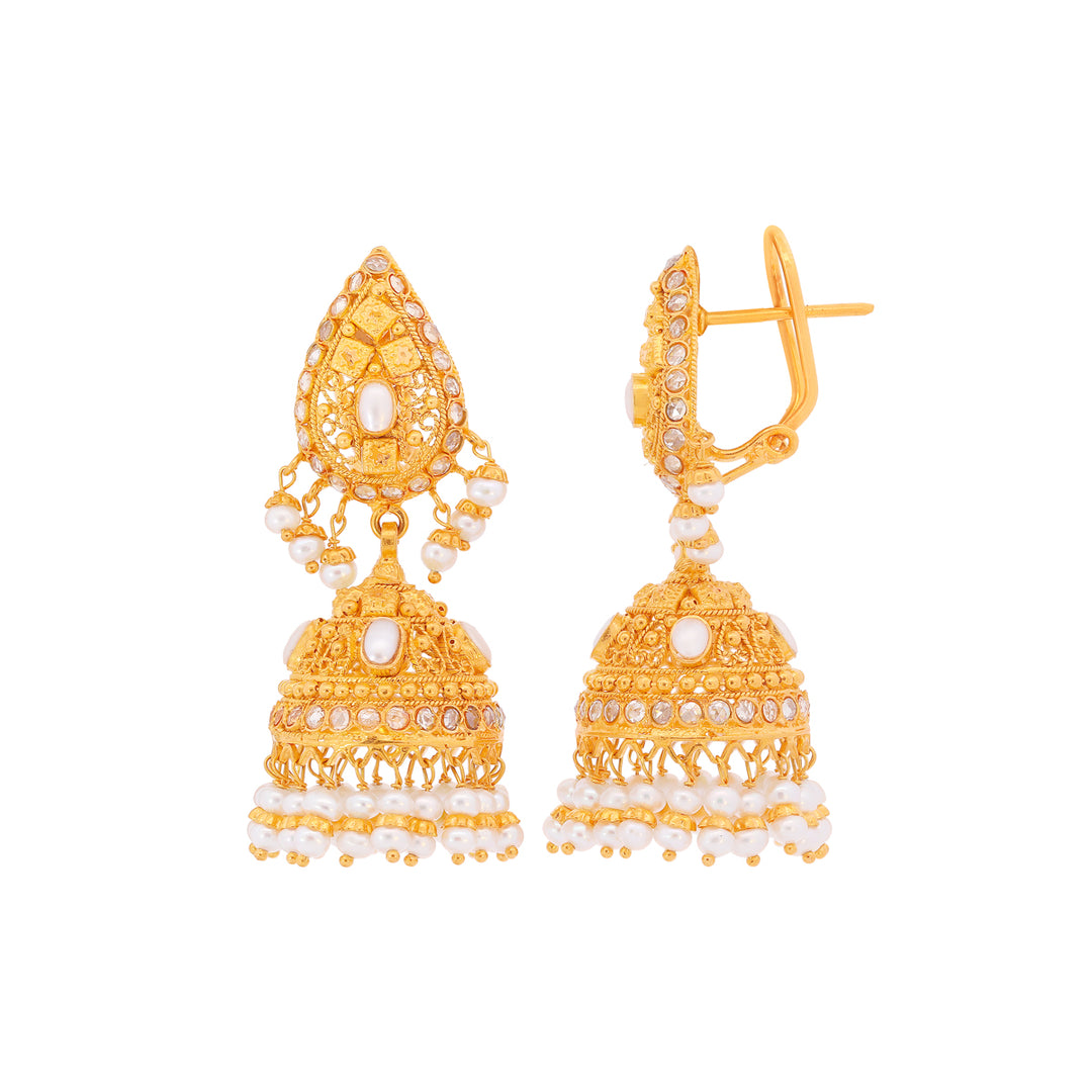 Gorgeous Jhumkha With CZ & Pearl in 22K Gold