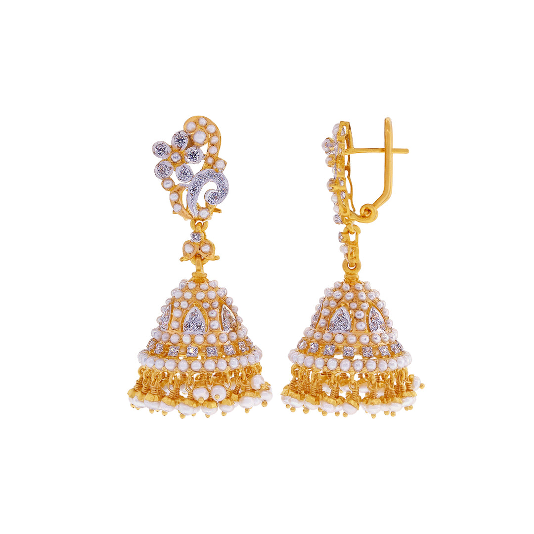 Exquisite Jhumkha With Pearl & CZ in 22K Gold
