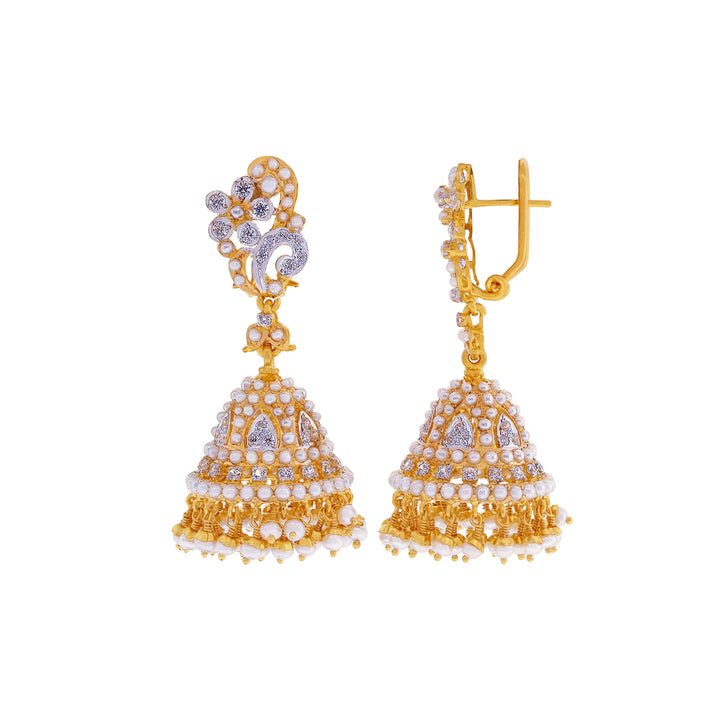 Exquisite Jhumkha With Pearl & CZ in 22K Gold