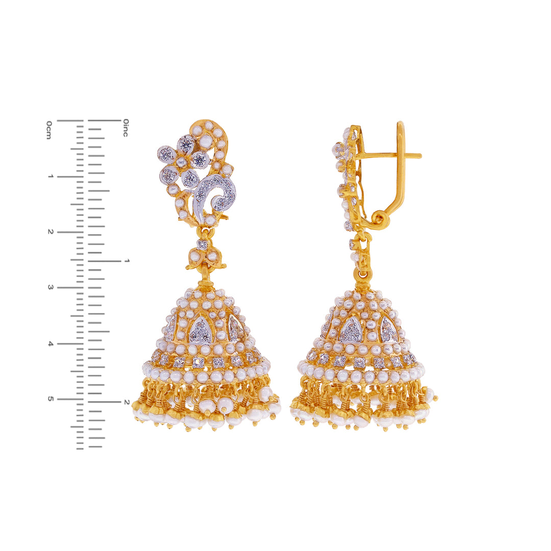 Exquisite Jhumkha With Pearl & CZ in 22K Gold