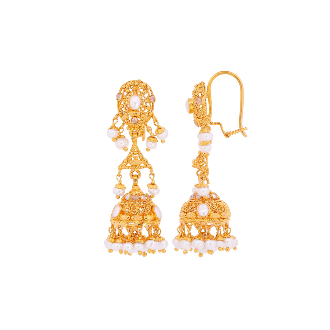 Lovely Antique Jhumkha With Pearl & CZ in 22K Gold