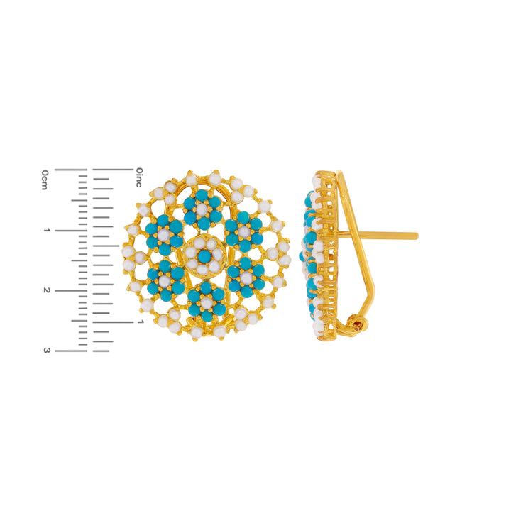 Opulent Earrings with Turquoise & Pearl in 22K Gold